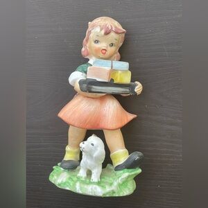 Vtg  Tilso-Japan - 5.5”T Figurine - A Little Girl and Her Dog Carrying Packages